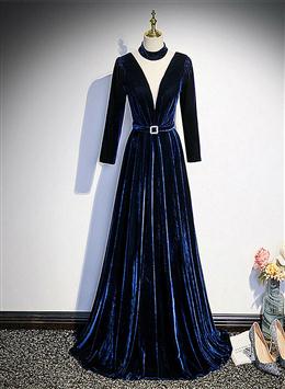 Picture of Blue Velvet Long Sleeves Floor Length Wedding Party Dresses, Blue Formal Gown